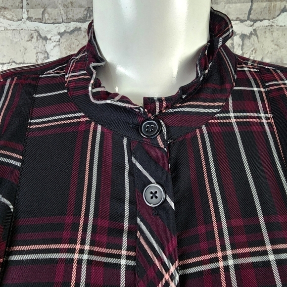 Rachel Roy Ruffled Front Plaid Blouse  Puffy Sleeve Black Burgundy Size Large - Picture 5 of 16